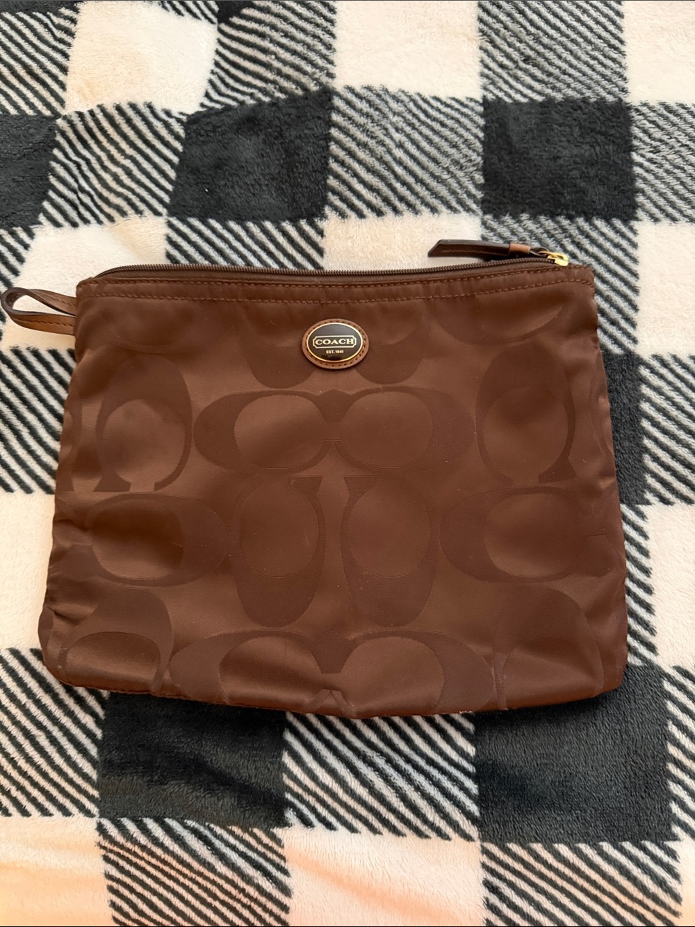 Coach Brown Nylon Signature Zip Cosmetic Pouch